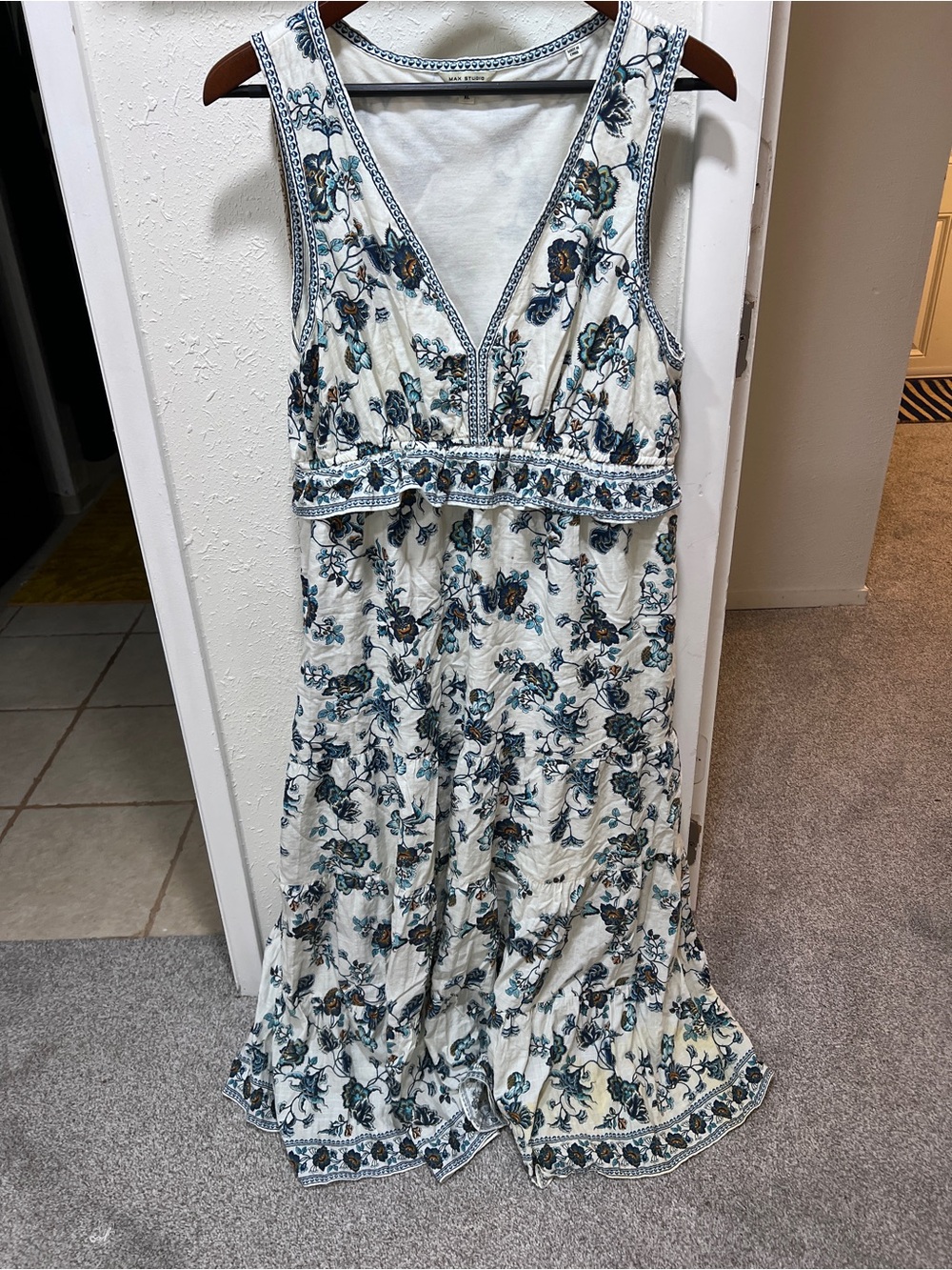 Max Studio Sleeveless V-Neck Floral Maxi Dress - White with Teal & Navy